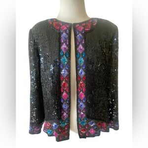 Vtg 80s Glam Silk Jacket Black Colorful Sequins Trim size Large vintage sparkle